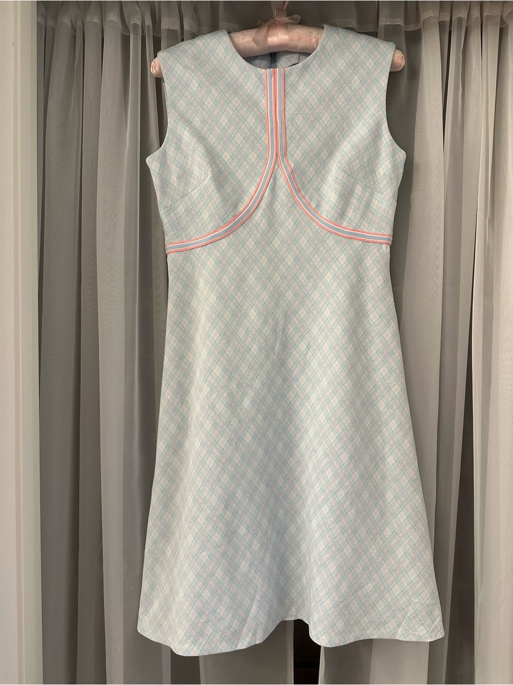Vtg handmade Sleeveless Pastel Plaid A-Line Dress with Pink Trim